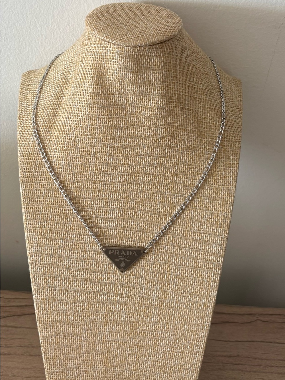 Prada Black and Silver Triangle Logo Necklace